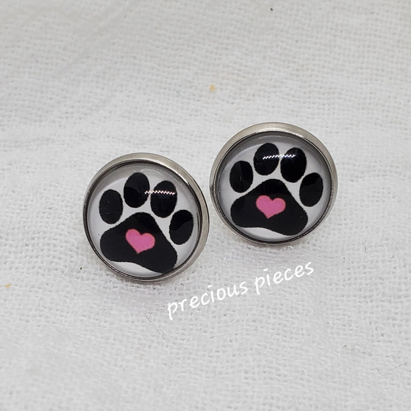 Paw Print Silver Bezel Stud Earrings