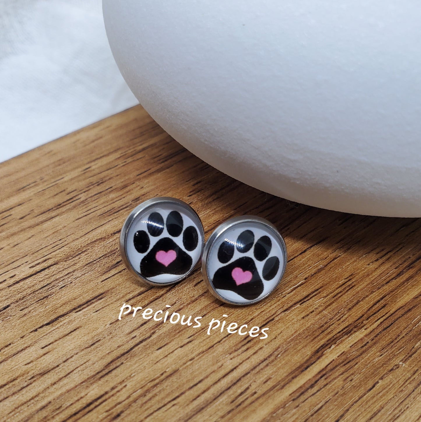 Paw Print Silver Bezel Stud Earrings