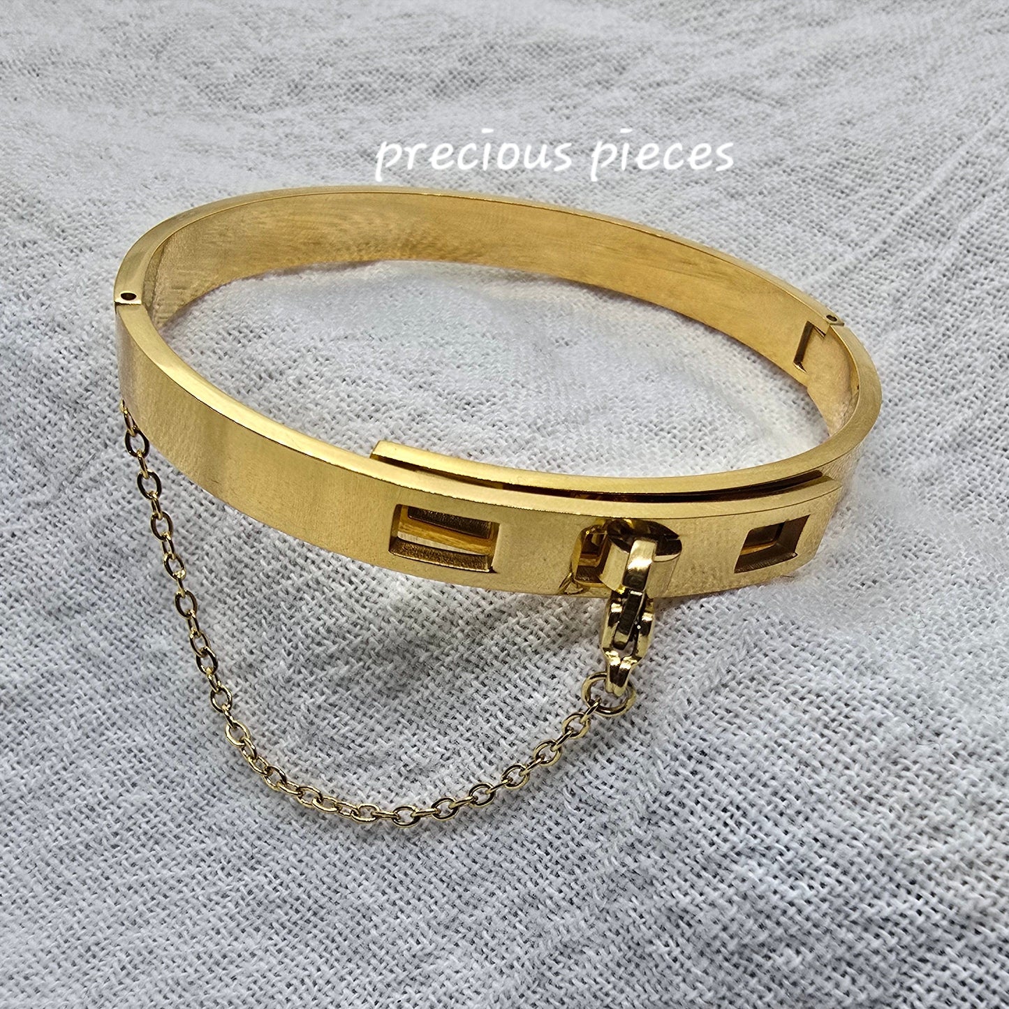 Stainless Steel Adjustable Bangle Bracelet with Safety Chain