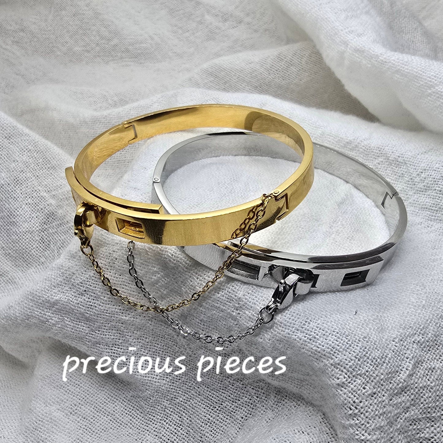 Stainless Steel Adjustable Bangle Bracelet with Safety Chain