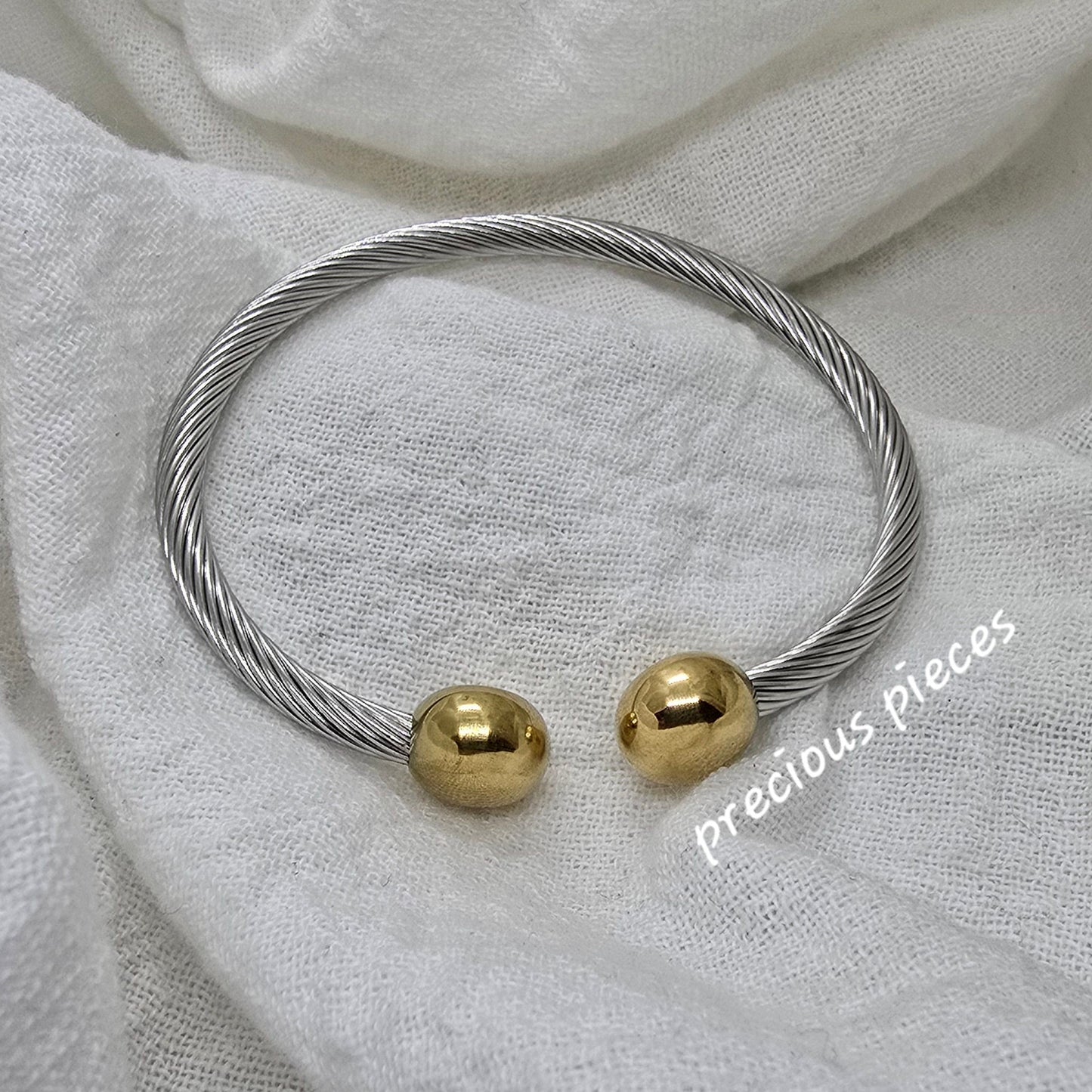 Stainless Steel Round Ball Open Bangle Bracelet