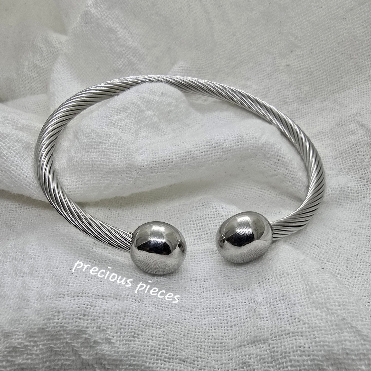 Stainless Steel Round Ball Open Bangle Bracelet