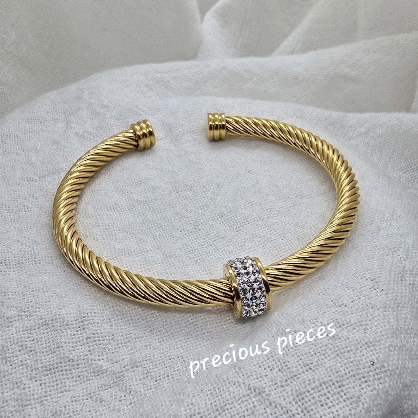 Rhinestone Pavé Stainless Steel Open Bangle Bracelet