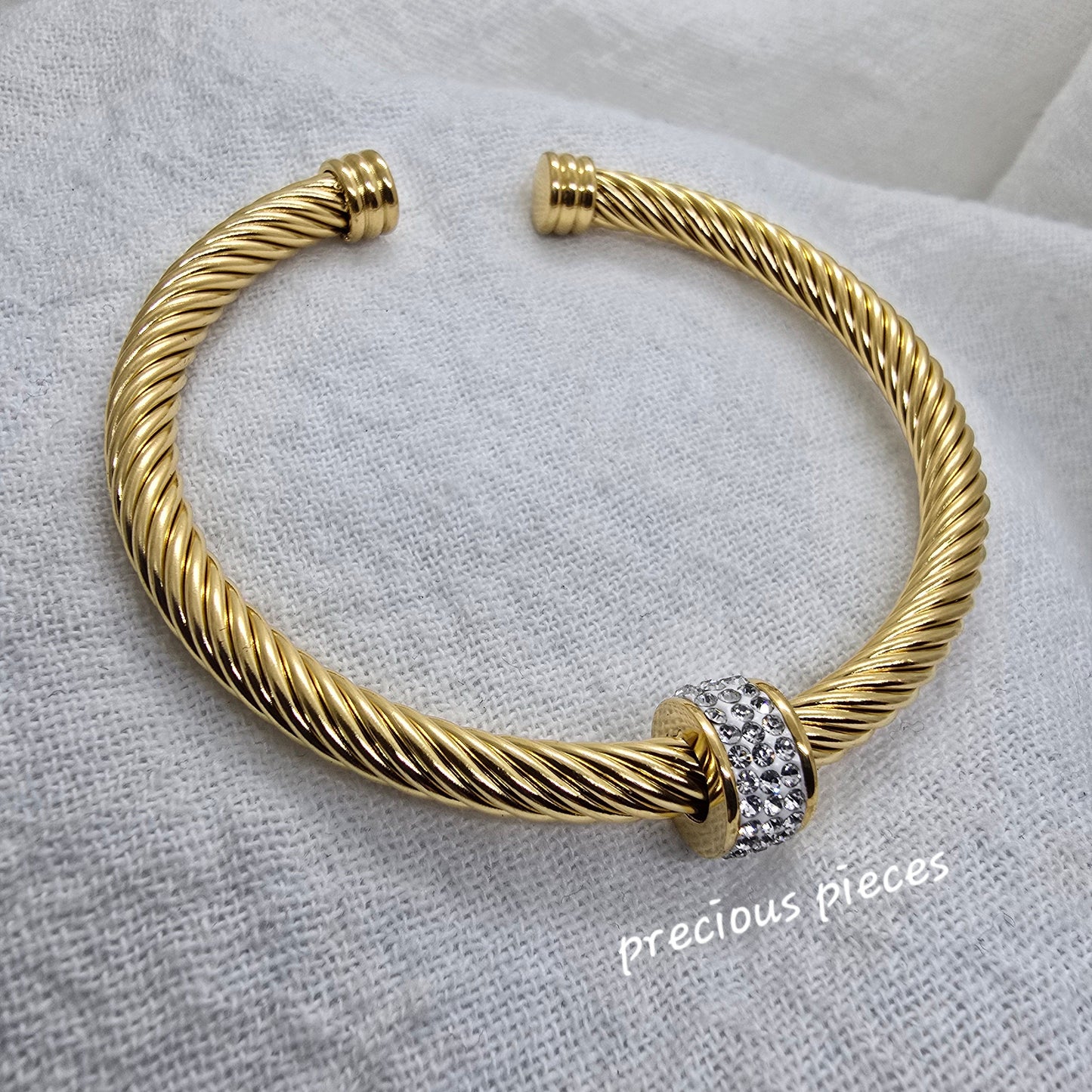 Rhinestone Pavé Stainless Steel Open Bangle Bracelet