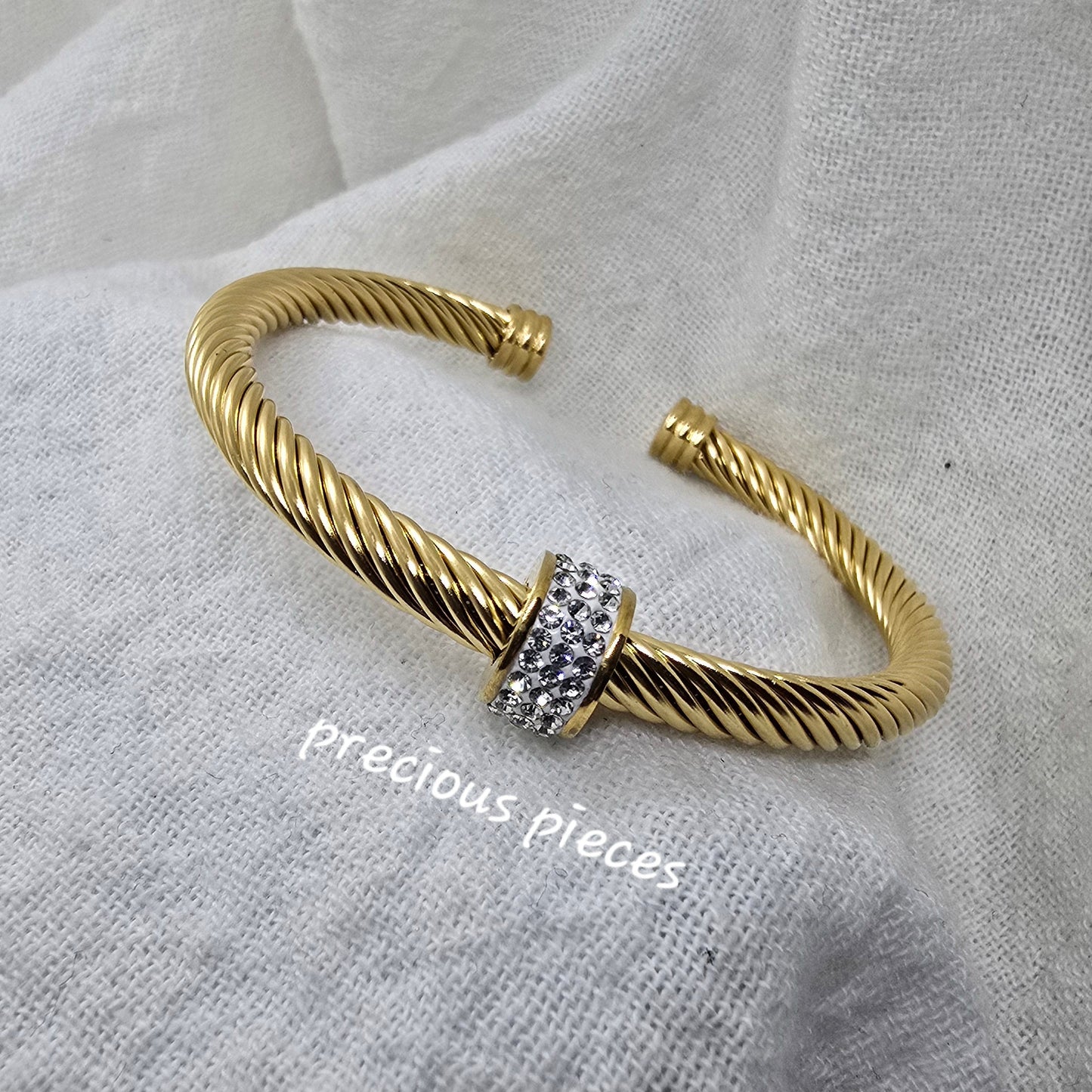 Rhinestone Pavé Stainless Steel Open Bangle Bracelet