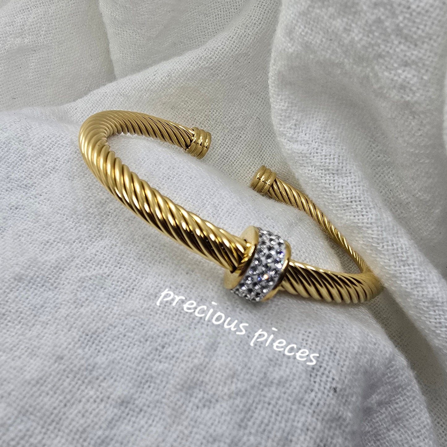 Rhinestone Pavé Stainless Steel Open Bangle Bracelet