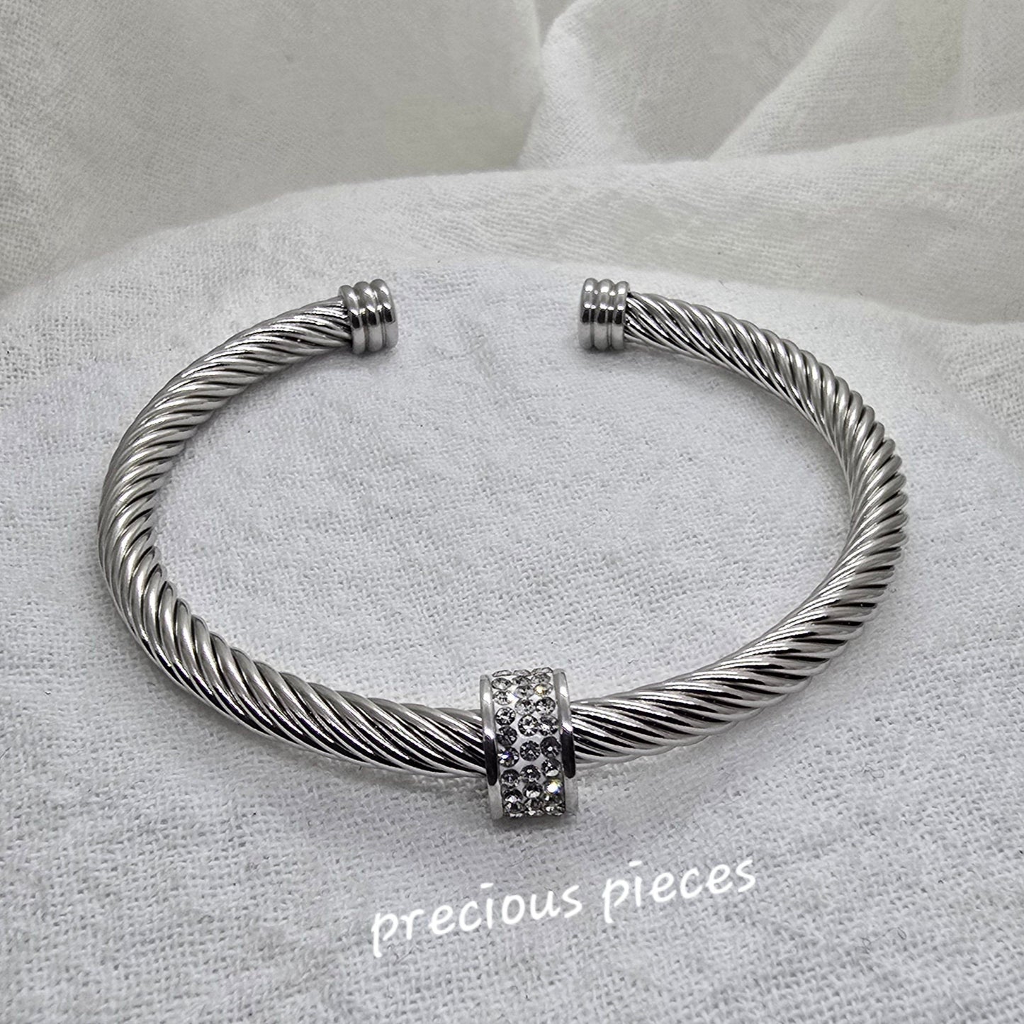 Rhinestone Pavé Stainless Steel Open Bangle Bracelet