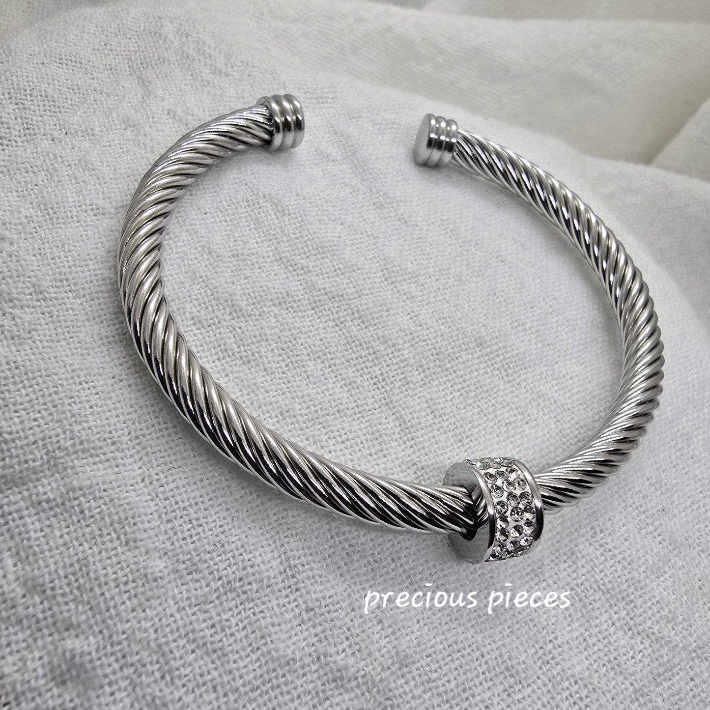 Rhinestone Pavé Stainless Steel Open Bangle Bracelet
