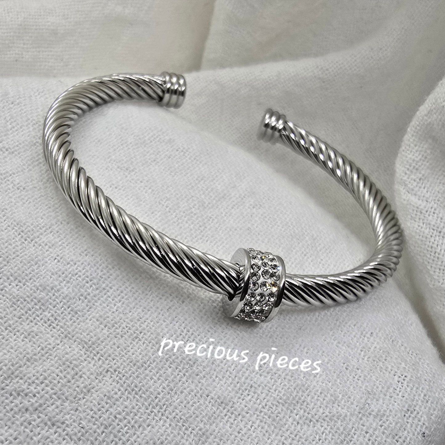 Rhinestone Pavé Stainless Steel Open Bangle Bracelet