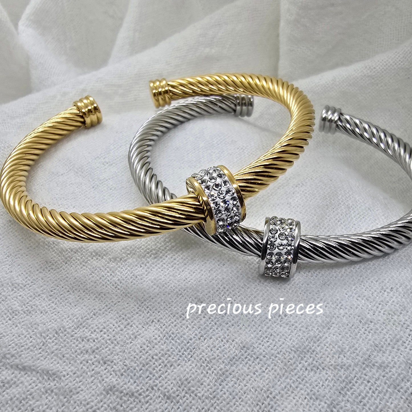 Rhinestone Pavé Stainless Steel Open Bangle Bracelet