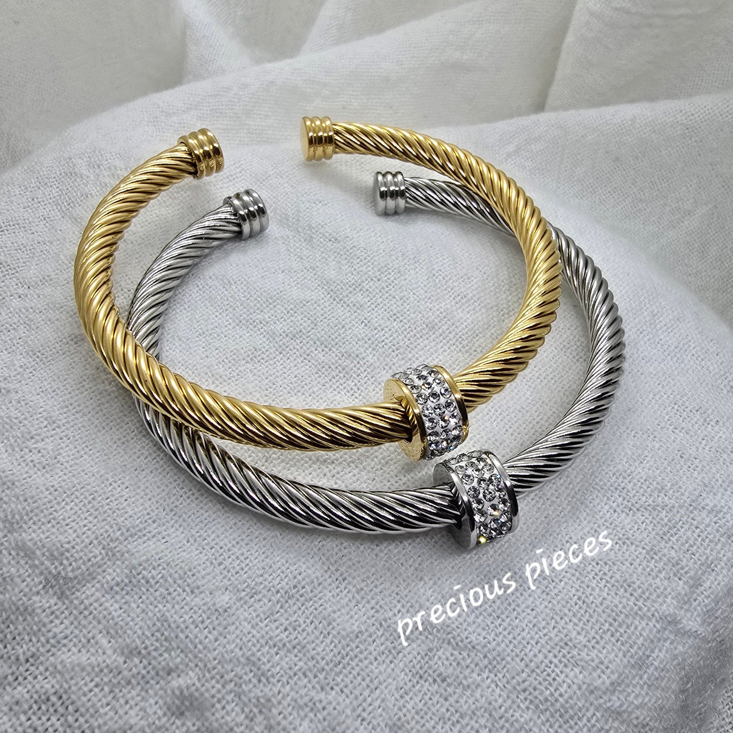 Rhinestone Pavé Stainless Steel Open Bangle Bracelet