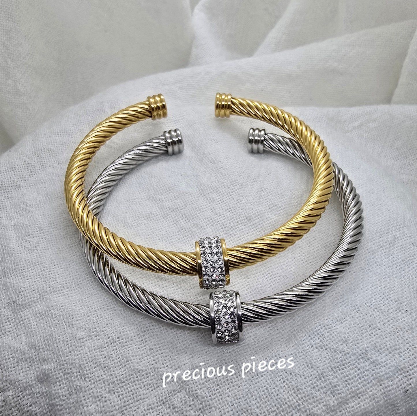 Rhinestone Pavé Stainless Steel Open Bangle Bracelet