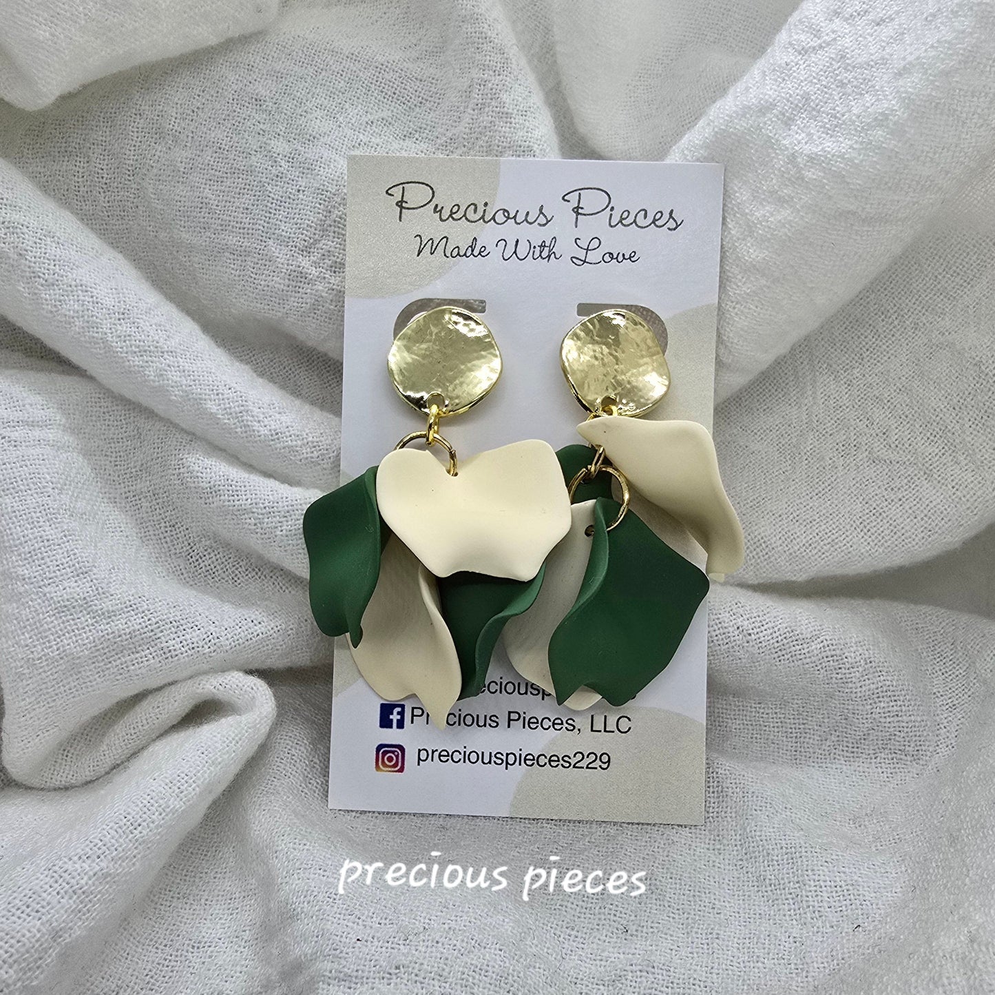 Acrylic Green and Beige Flower Petal Earrings
