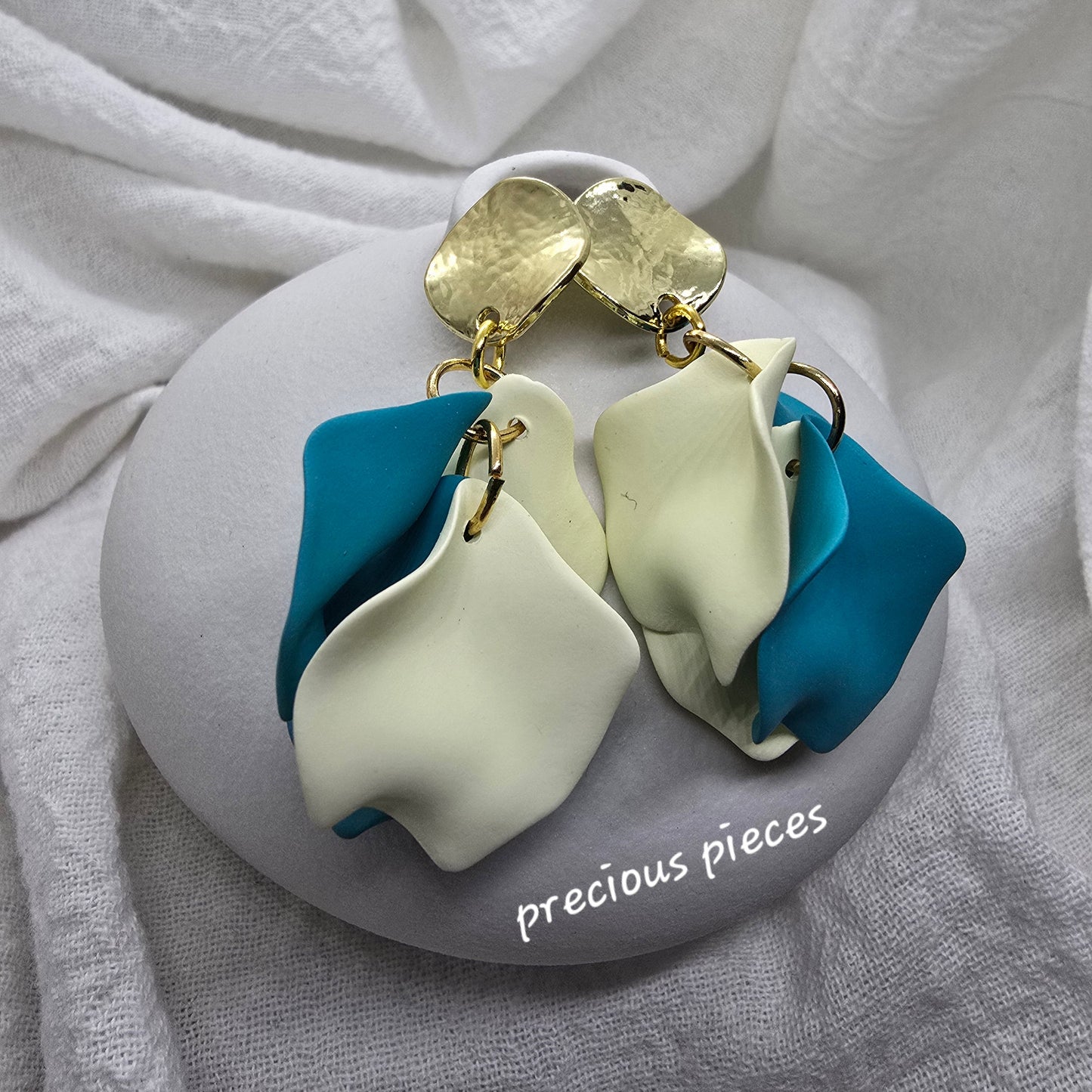 Acrylic Teal and Cream Flower Petal Earrings