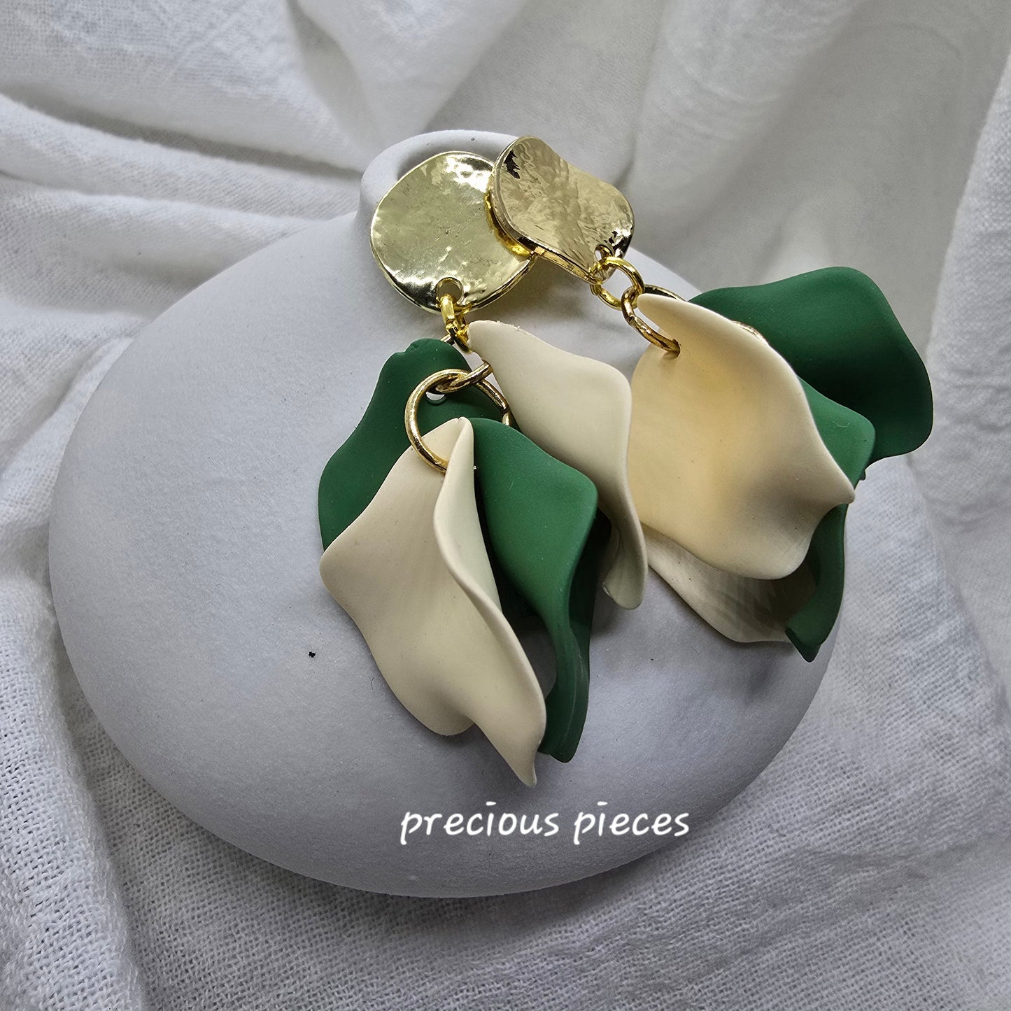 Acrylic Green and Beige Flower Petal Earrings
