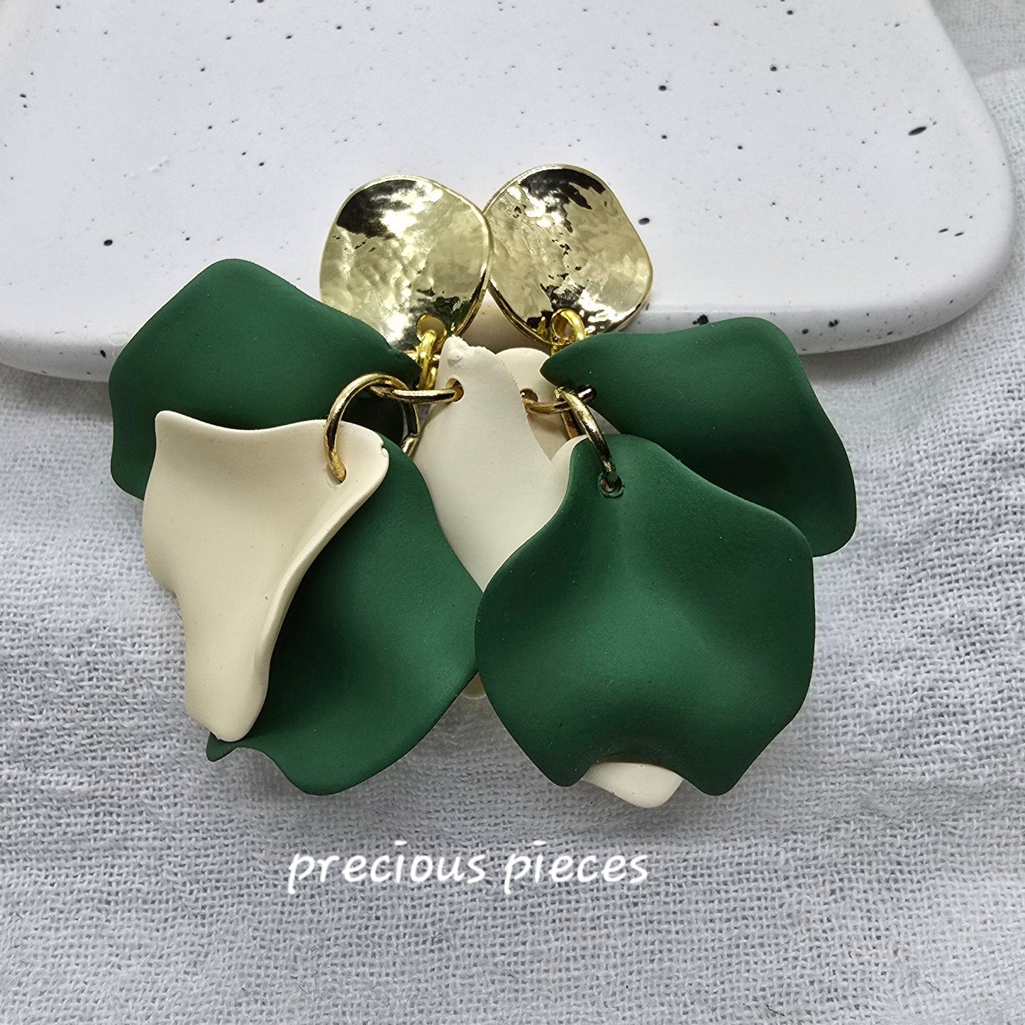 Acrylic Green and Beige Flower Petal Earrings