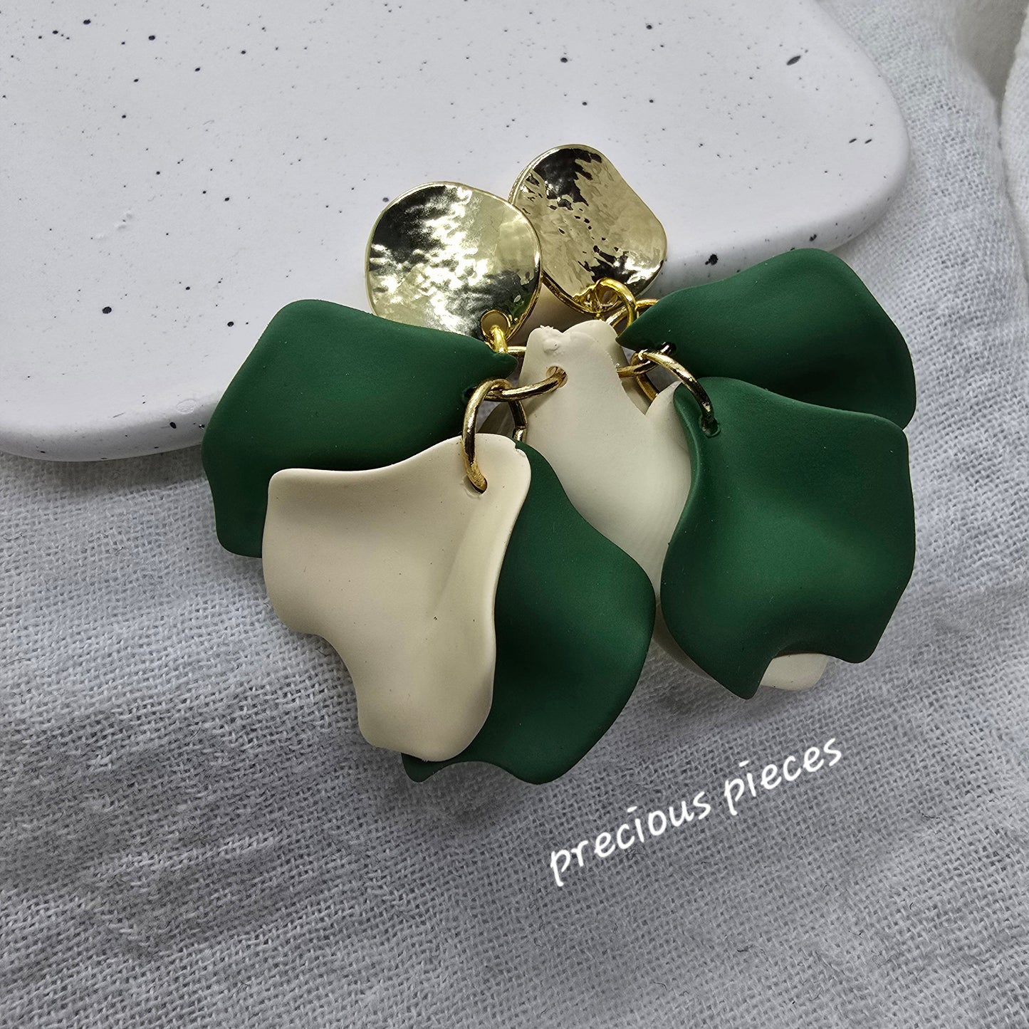 Acrylic Green and Beige Flower Petal Earrings