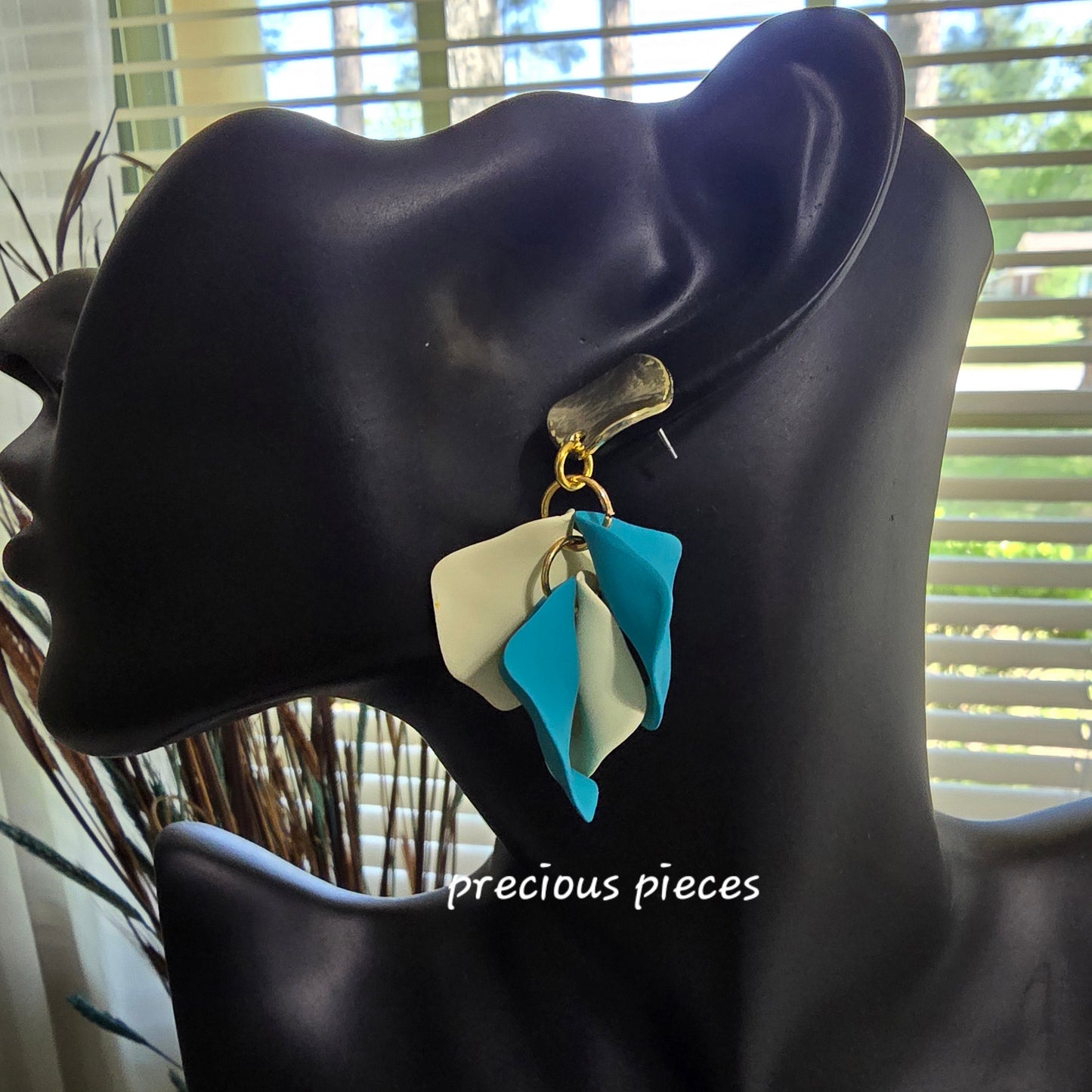 Acrylic Teal and Cream Flower Petal Earrings