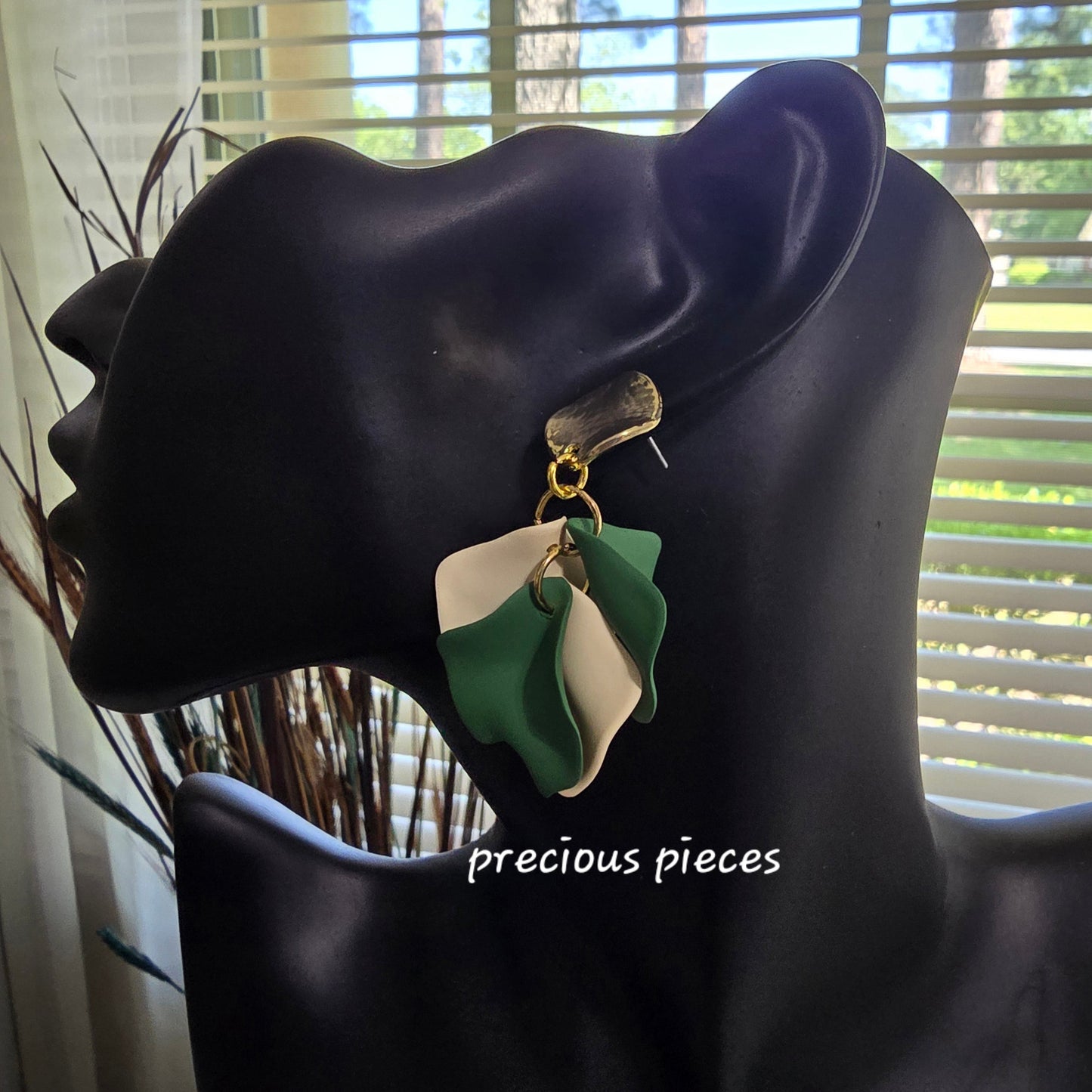 Acrylic Green and Beige Flower Petal Earrings