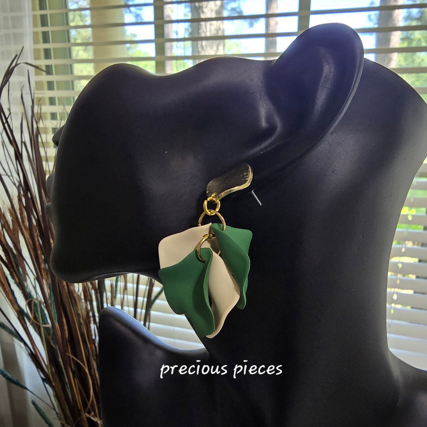 Acrylic Green and Beige Flower Petal Earrings