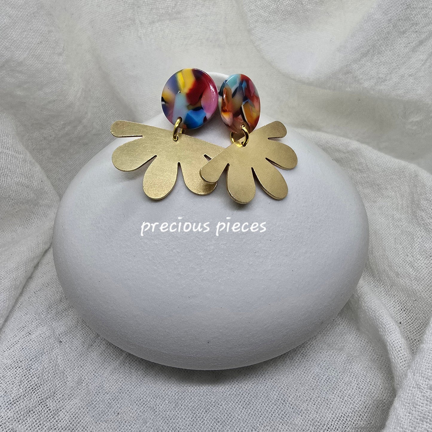Brass Flower and Marble Earrings