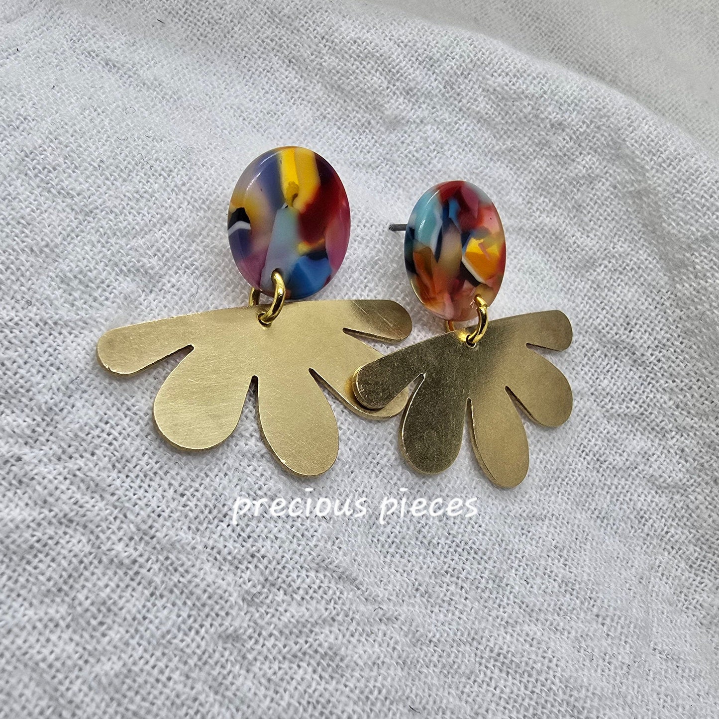 Brass Flower and Marble Earrings