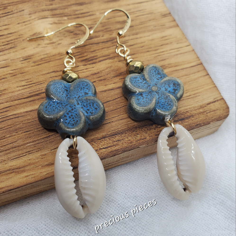 Ceramic Flower Cowrie Shell Earrings (click for more colors)