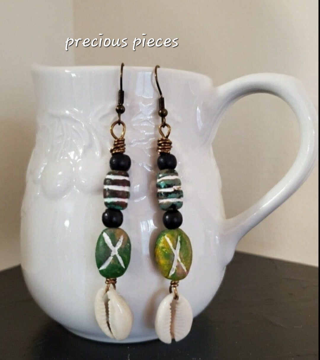 Black and Green Beaded Cowrie Shell Earrings