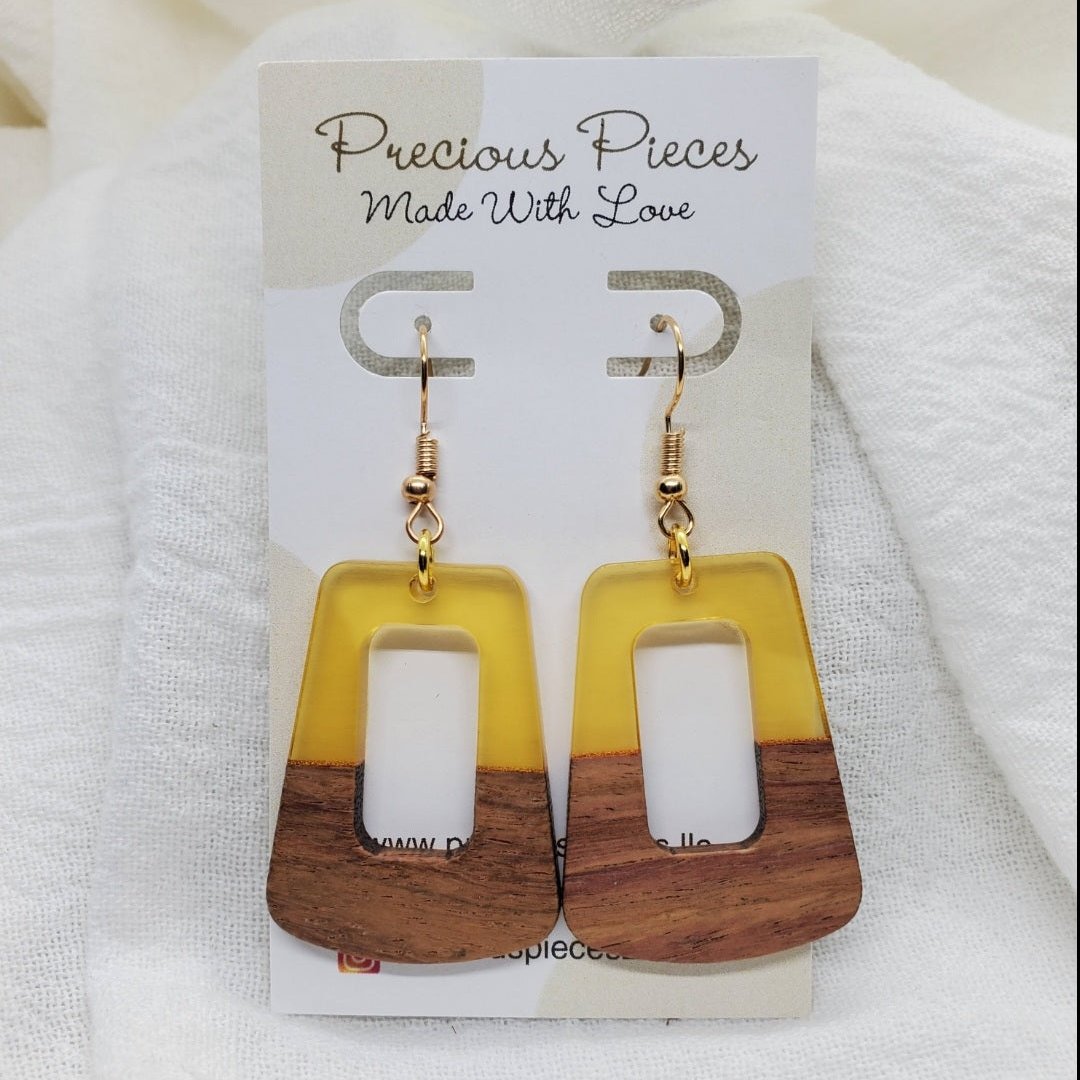 Yellow & Wood Trapezoid Earrings