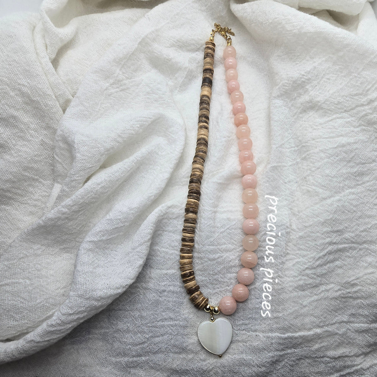 Wooden Heishi and Rose Quartz Beaded Necklace