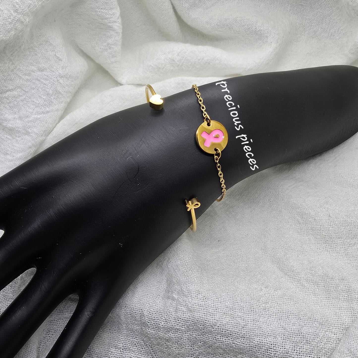 Cancer Awareness Ribbon and Heart Cuff Bracelet