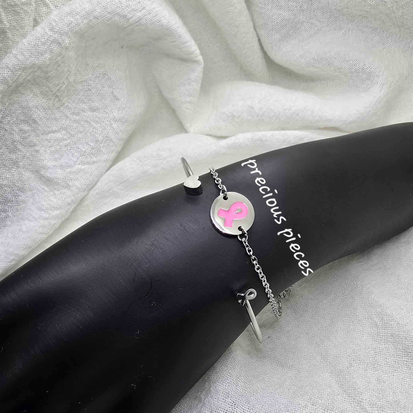 Cancer Awareness Ribbon and Heart Cuff Bracelet