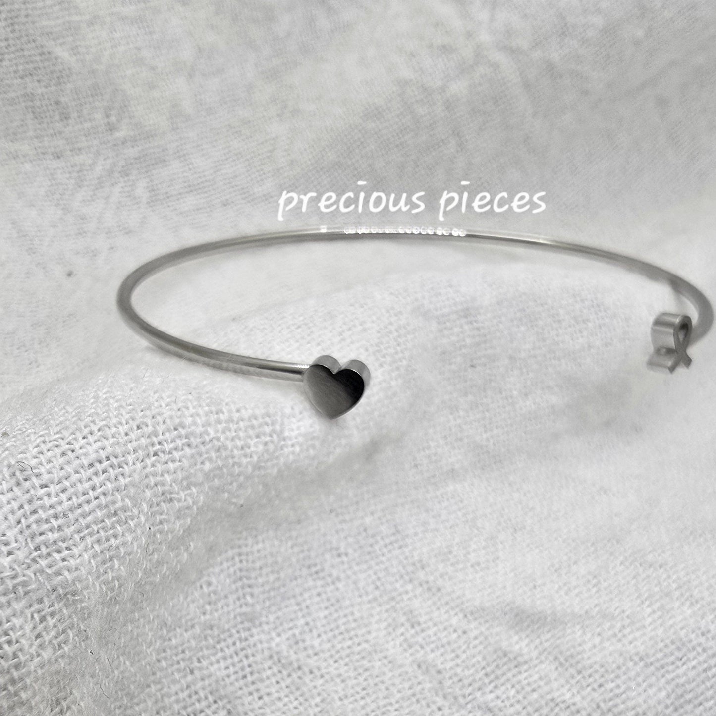 Cancer Awareness Ribbon and Heart Cuff Bracelet