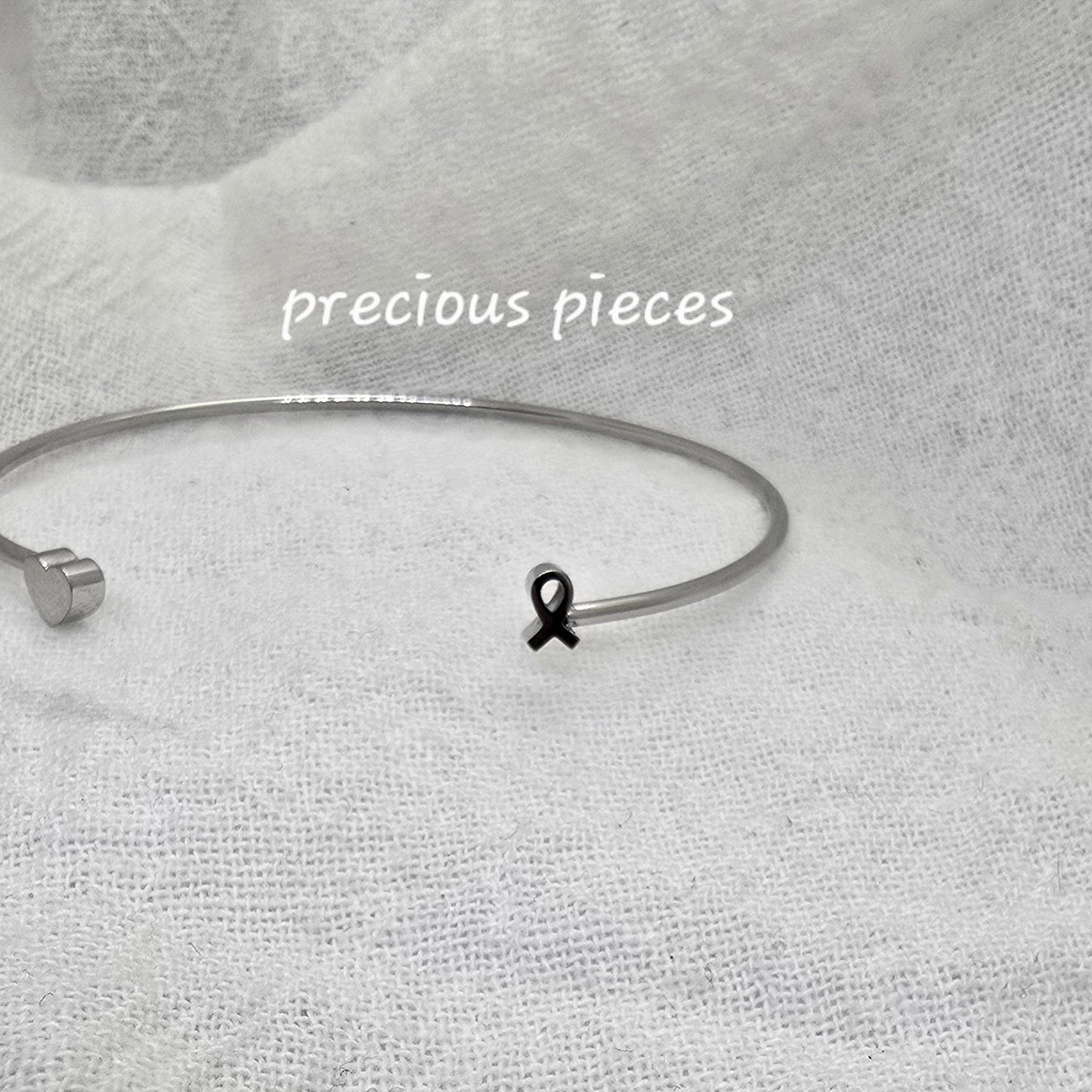 Cancer Awareness Ribbon and Heart Cuff Bracelet