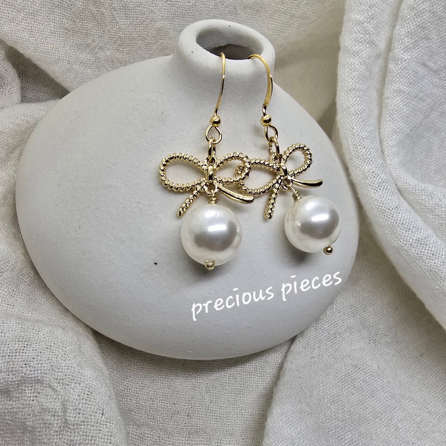 Textured Gold Bow and Pearl Earrings