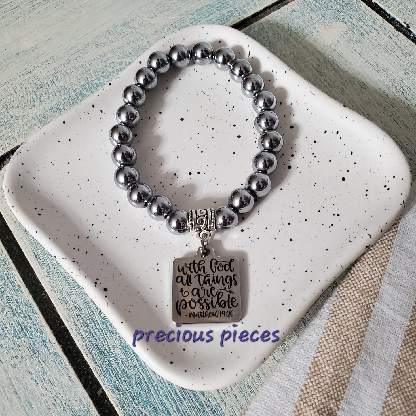 With God Silver Hematite Beaded Bracelets