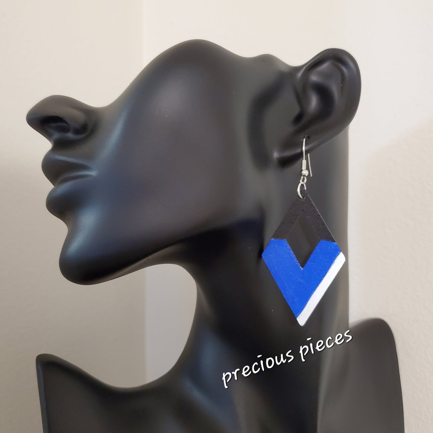 Blue, Black, and White Wood Earrings