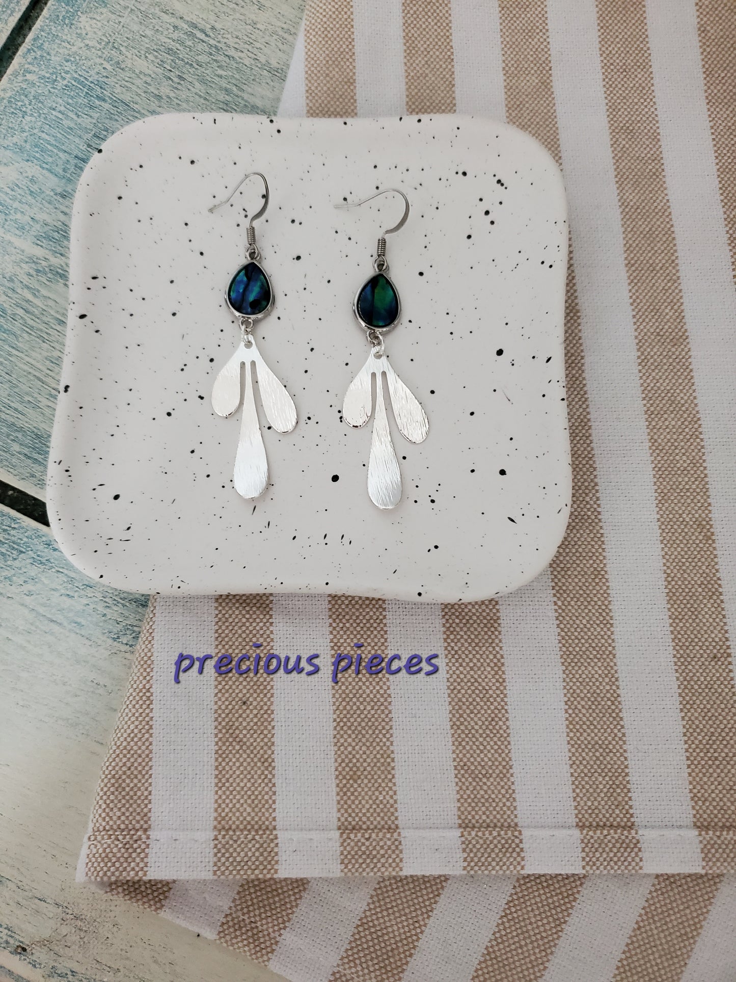 Teardrop Shell and Silver Leaf Earrings