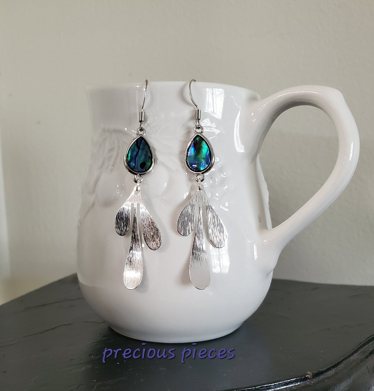 Teardrop Shell and Silver Leaf Earrings