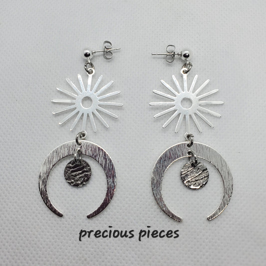 Silver Sun and Half-Moon Shaped Earrings