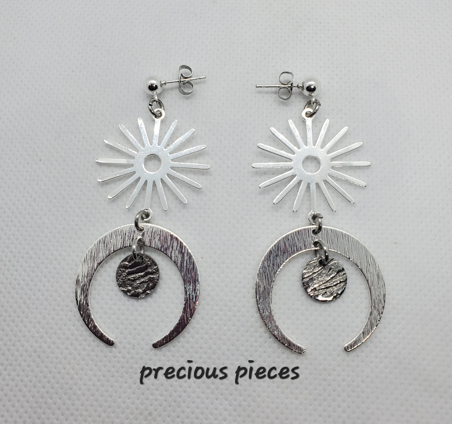 Silver Sun and Half-Moon Shaped Earrings