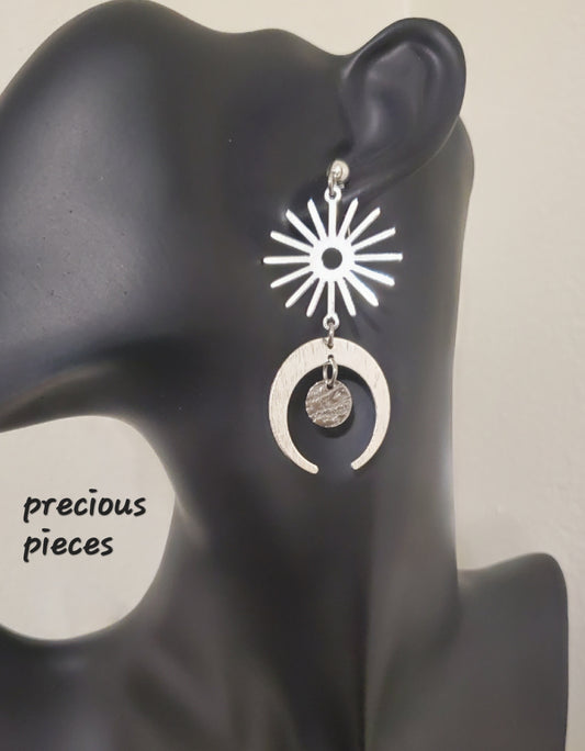 Silver Sun and Half-Moon Shaped Earrings