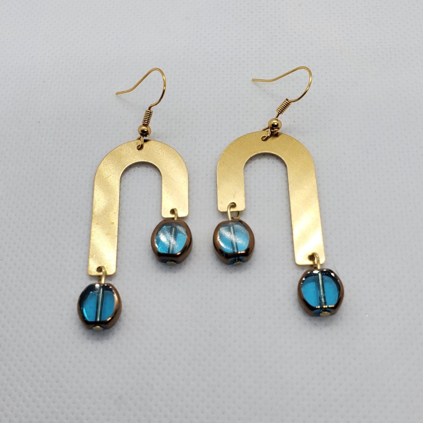 J-Shaped Brass and Aqua Earrings