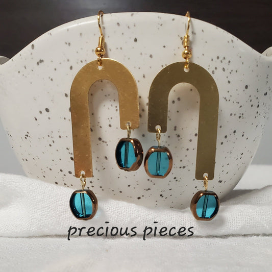 J-Shaped Brass and Aqua Earrings