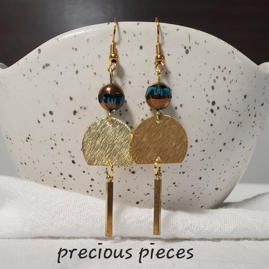 Brass Half-Circle with Turquoise and Gold Bead Earrings