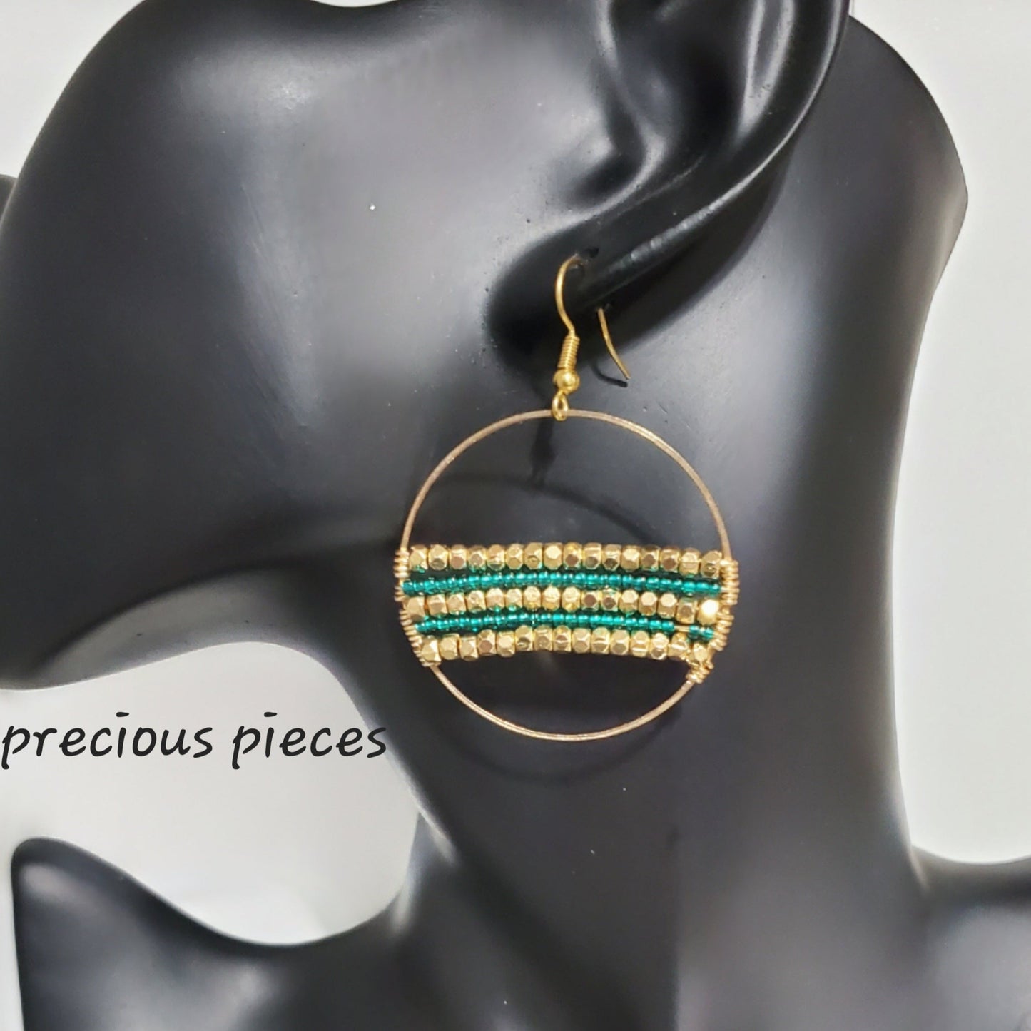 Green and Gold Beaded Hoop Earrings