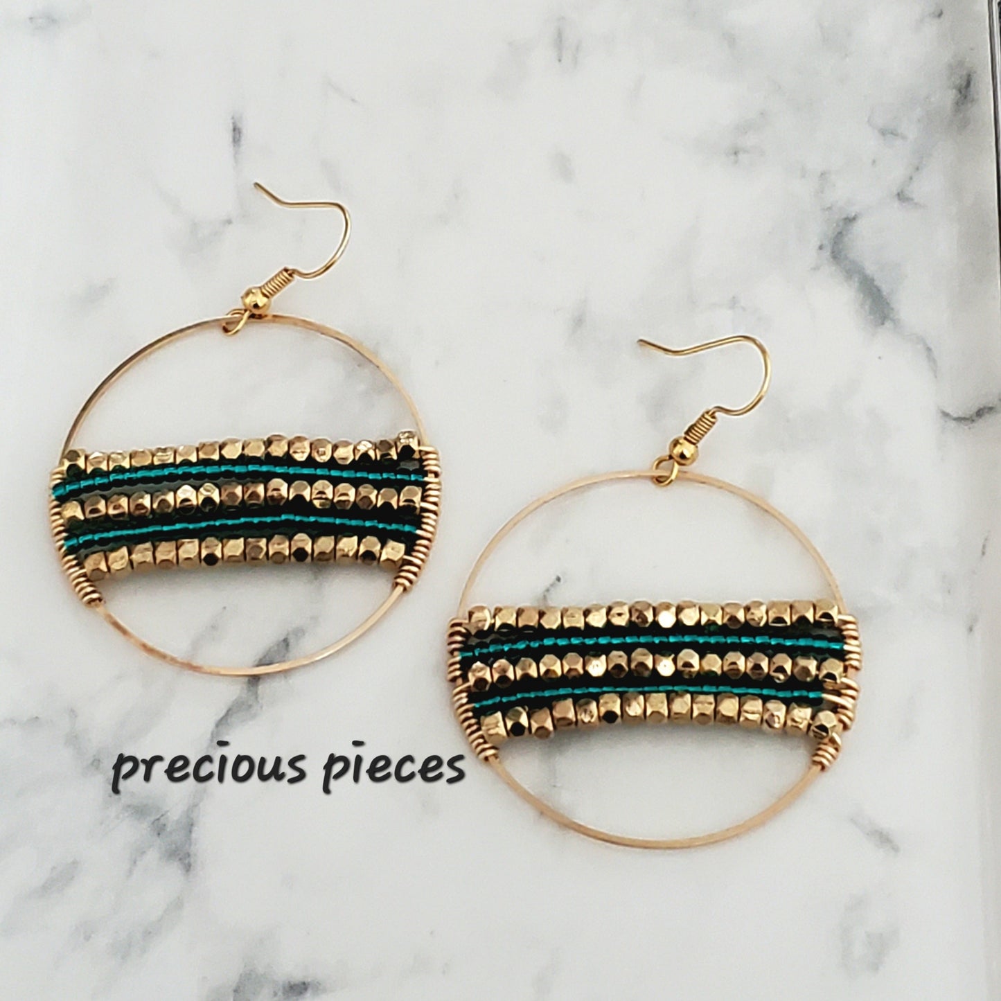 Green and Gold Beaded Hoop Earrings