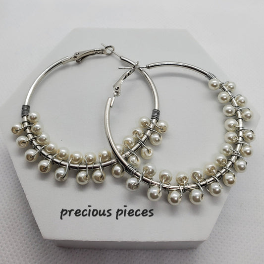 Wire Wrapped Pearl Hoop Earrings (1.96")