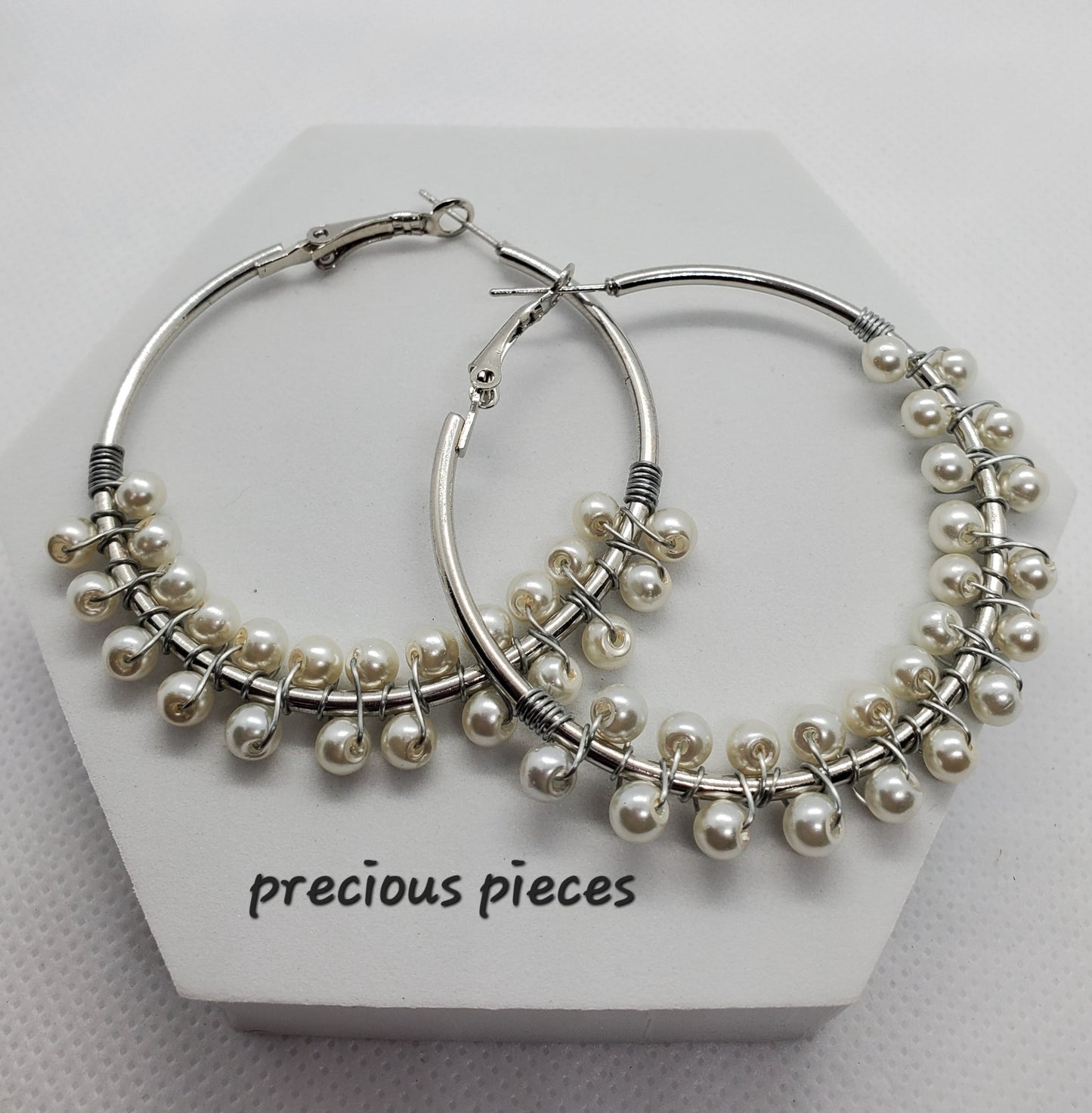 Wire Wrapped Pearl Hoop Earrings (1.96")