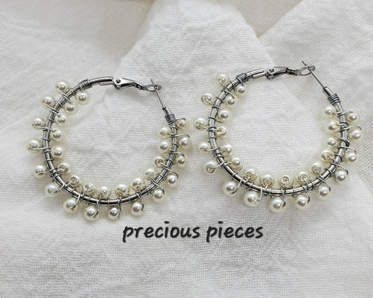 Wire Wrapped Pearl Hoop Earrings (1.57")